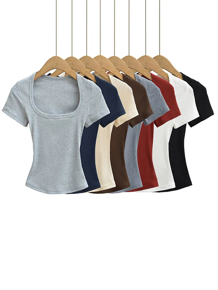 Col carré haute Stretch été culture hauts femmes à manches courtes hauts Sexy pull sommets Blouses mince T-shirt