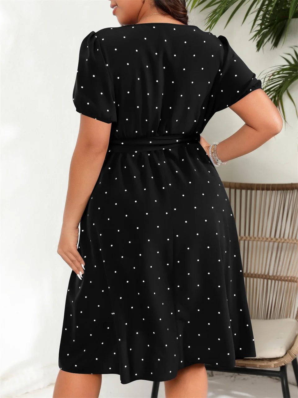 GIBSIE-Robe trapèze ceinturée à pois pour femme, grande taille, col carré, manches bouffantes, taille haute, élégante, rétro, été