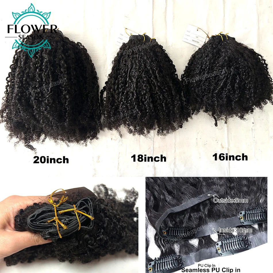 Afro crépus bouclés pince ins Extensions de cheveux cheveux humains sans couture PU pince dans la trame de peau de cheveux 7 pièces/ensemble 120g tête complète pour les femmes noires