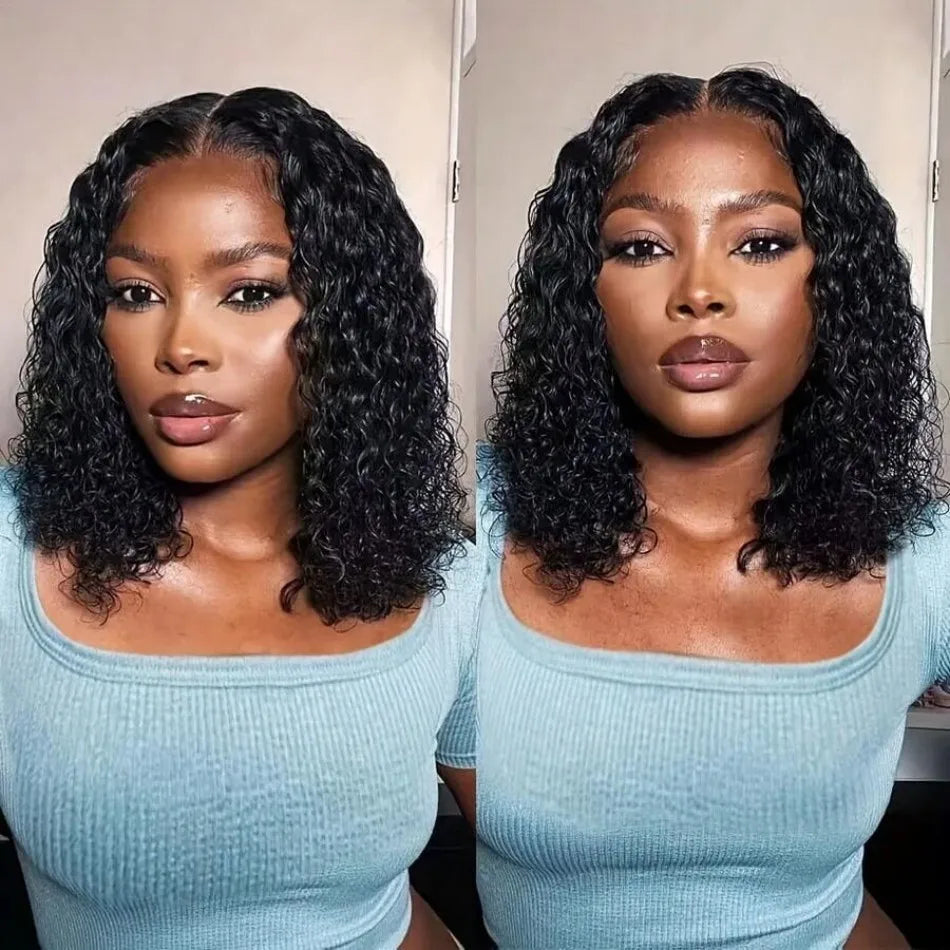 Perruque Courte Bouclée Bob 427 Cheveux Humains Ondulés Profonds Densité 260 avec Fermeture en Dentelle HD 5x5 pour Femmes Noires Prête à Porter Sans Colle