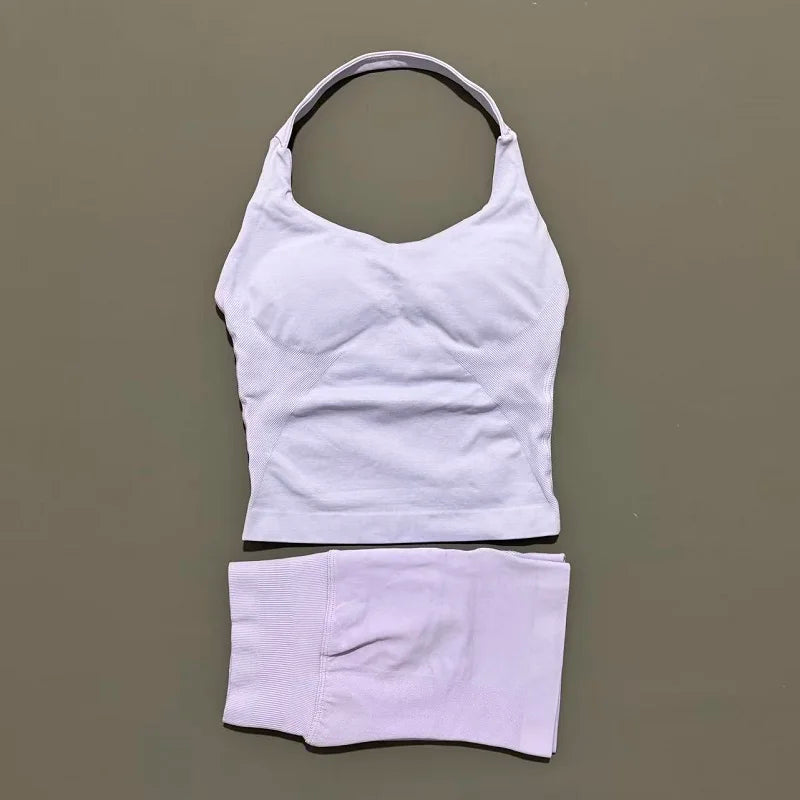 Ensemble de sport 2 pièces pour femme : débardeur long à bretelles rembourré et short de sport sans couture pour le yoga, le fitness et la course à pied