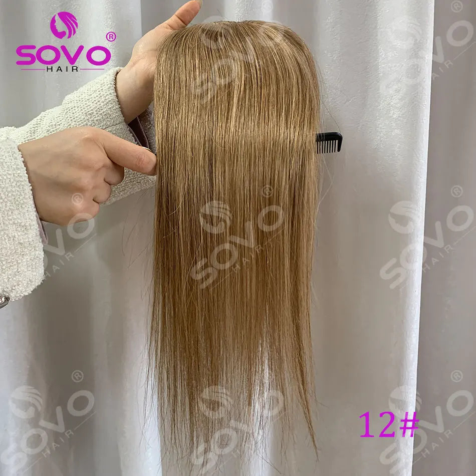 Topper de cheveux humains lisses avec mèches pour femmes 10x12CM, postiche à base de peau avec 4 clips, cheveux humains véritables respirants