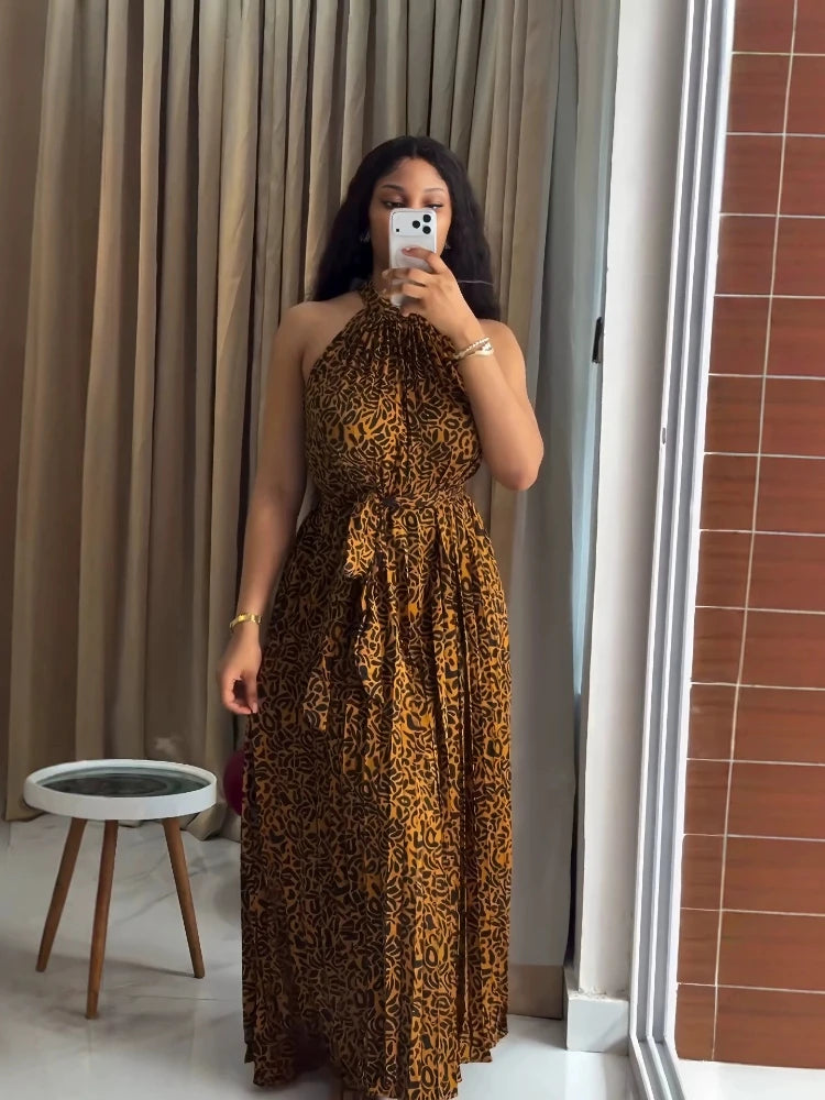 Robe longue pour femme, style Y2K, imprimé léopard, streetwear, sans manches, col halter, laçage, taille ajustée, élégante, pour soirée, sexy, 2026