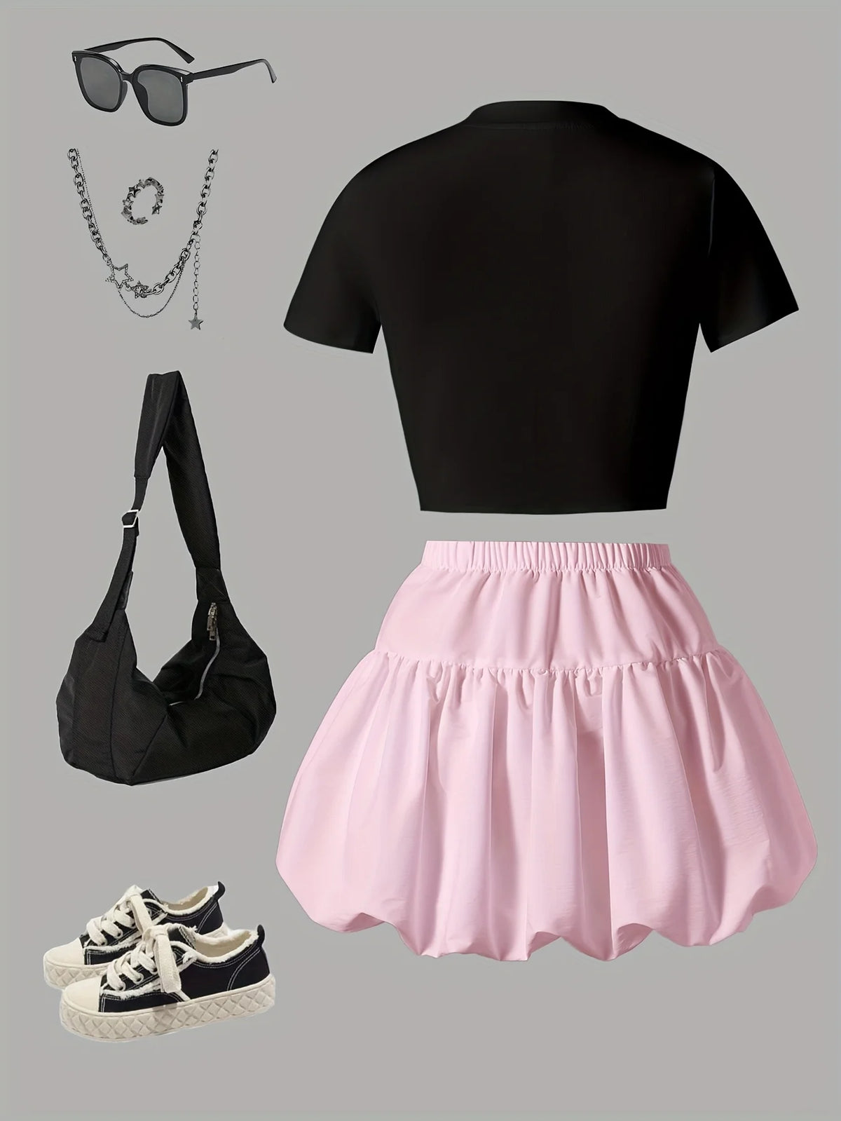 Tenue d'été décontractée pour filles : ensemble deux pièces avec haut à manches courtes à imprimé nœud et jupe lanterne en rose et noir, tendance et polyvalent, adapté aux enfants de 8 à 12 ans, à porter à la mai