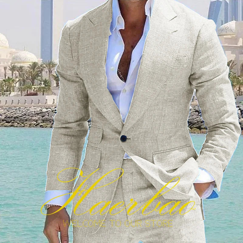 Smoking de marié de mariage imbibé de lin pour hommes, veste à revers formelle, blazer sur mesure, pantalon de mode, bleu d'été, ensemble de 2