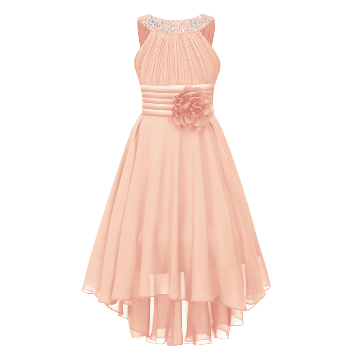 Robe de princesse à fleurs pour filles, robe formelle de demoiselle d'honneur junior, de fête de mariage, sans manches, froncée, jupe haute et basse en mousseline de soie, robes de bal