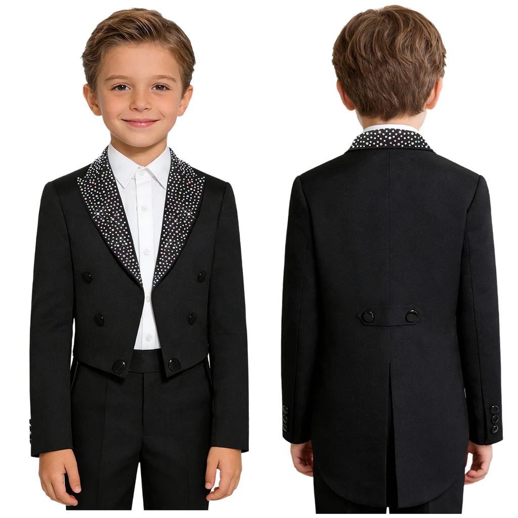 Veste de smoking pour garçons, style gentleman, à revers, ornée de strass, à manches longues, ouverte sur le devant, pour fêtes et mariages