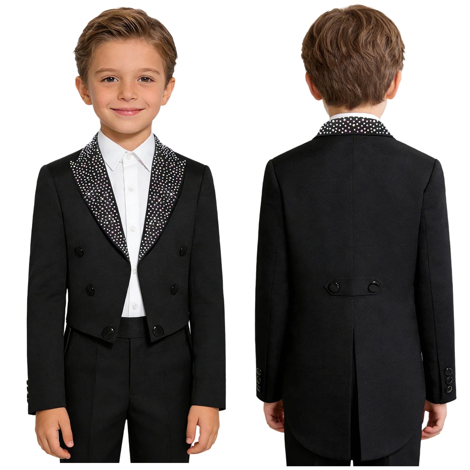 Veste de smoking pour garçons, style gentleman, à revers, ornée de strass, à manches longues, ouverte sur le devant, pour fêtes et mariages