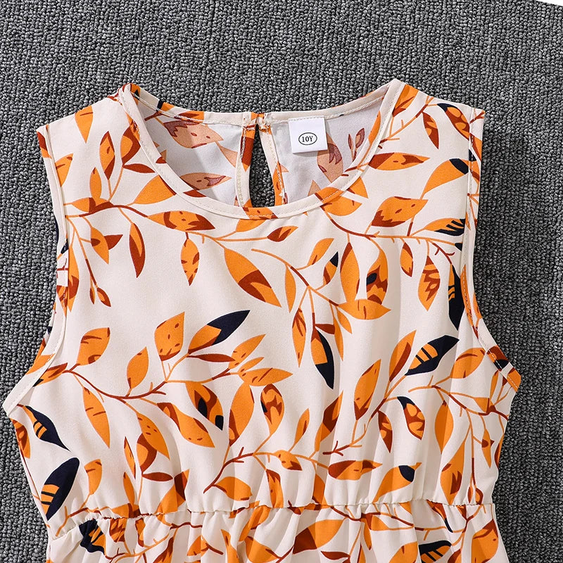Costumes de vacances décontractés pour enfants, haut orange à manches longues, robe imprimée, vêtements de vacances pour filles, tenues pour enfants