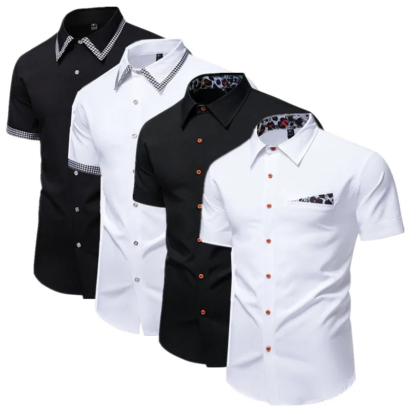 Chemise blanche décontractée à manches courtes pour homme, col à revers à simple boutonnage, chemises de bureau tendance pour homme avec patchwork