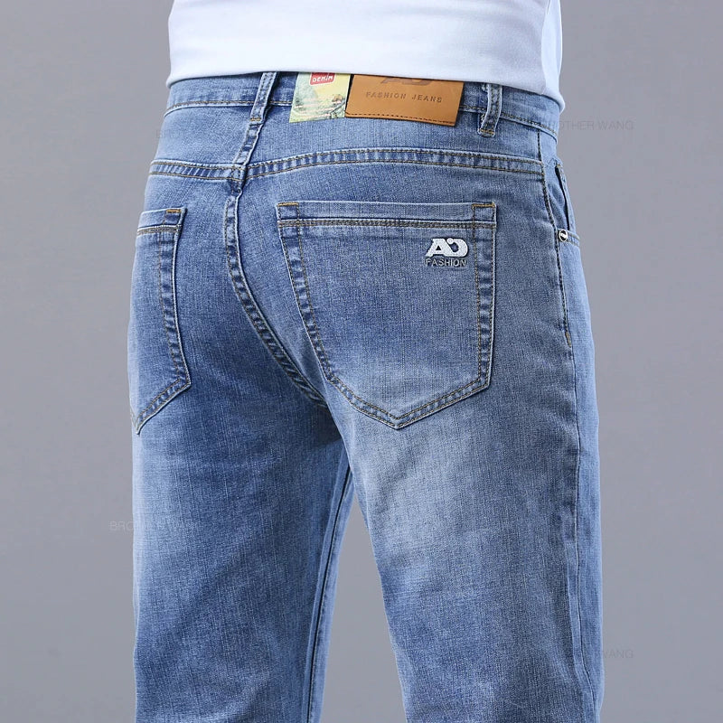 Printemps hommes bleu clair jean mince élégant décontracté tissu extensible Denim pantalon classique pantalon fumée gris