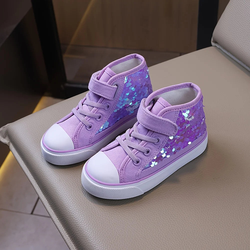 COMFY KIDS Filles 3-12 ans Violet Échelle holographique Style Princesse Chaussures en toile mi-hautes Sangle réglable Doux Confortable Vêtements toutes saisons Performance de fête Chaussures décontractées