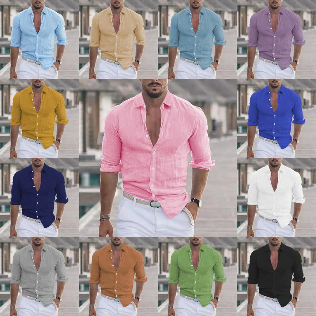 Chemisier hommes nouvel été coton lin revers plage chemise col rabattu à manches longues couleur unie vacances blusas camisas YRW5899