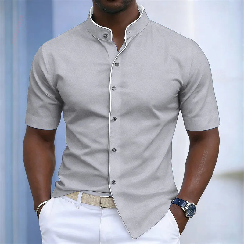 Chemise d'été pour homme à col montant et manches courtes, 20 couleurs, design color block tendance, coupe ajustée, chemise décontractée pour affaires, tailles XS-6XL