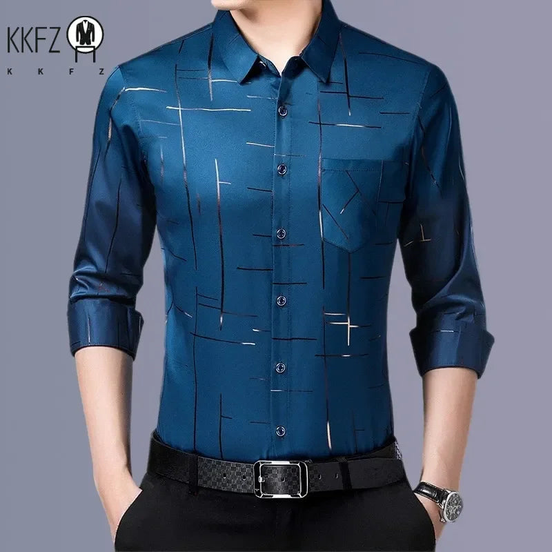 Chemise imprimée à manches longues pour hommes, haut d'affaires décontracté et à la mode, sans repassage et résistant aux rides