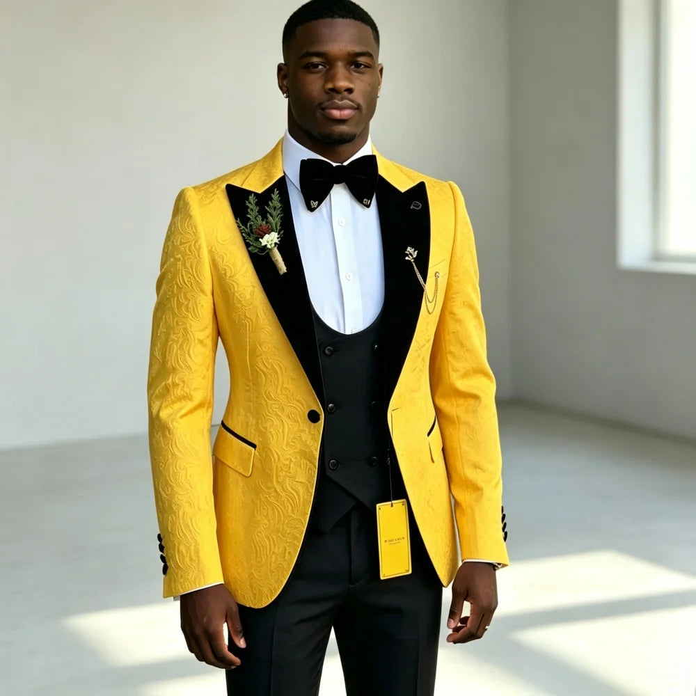 Costume de luxe ajusté à motifs floraux pour homme, ensemble trois pièces (veste + pantalon + gilet) – Idéal pour le marié ou les invités de mariage