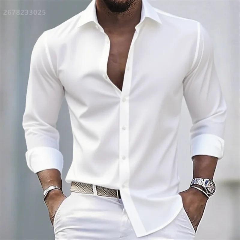 Chemise blanche décontractée pour homme, couleur unie, tissu extensible à manches longues, chemise formelle pour affaires, tissu confortable