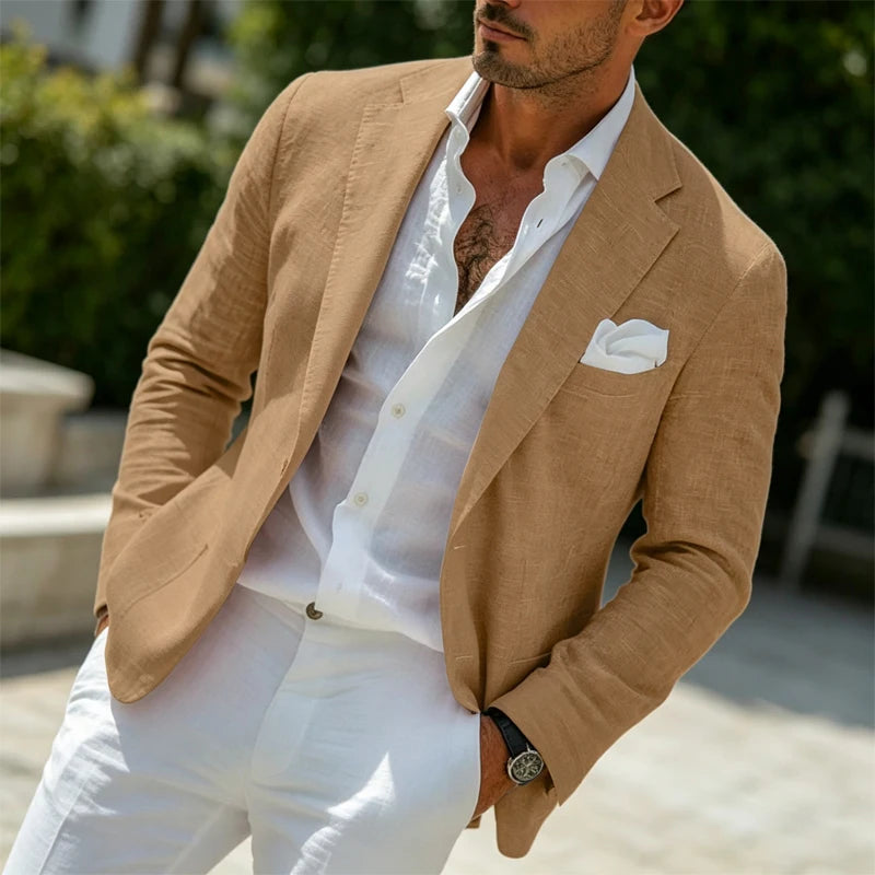 Blazer en lin pour homme, revers cranté, 2 boutons, coupe ajustée, veste de costume légère et respirante, idéale pour l'été, la plage, les mariages, le sport ou le quotidien