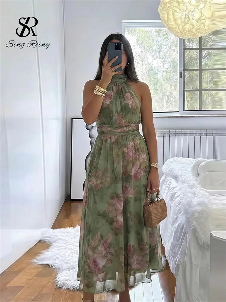 Robe longue élégante SINGREINY en mousseline de soie verte à motif floral, style licou, sans manches, coupe trapèze, tendance 2026, pour femme, idéale pour les invitées de mariage ou les soirées.