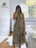 Robe longue élégante SINGREINY en mousseline de soie verte à motif floral, style licou, sans manches, coupe trapèze, tendance 2026, pour femme, idéale pour les invitées de mariage ou les soirées.