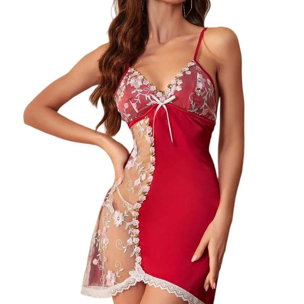 Robe de nuit pour femme en dentelle fine avec nœud, brodée, en maille transparente, en soie glacée, à bretelles, sans manches