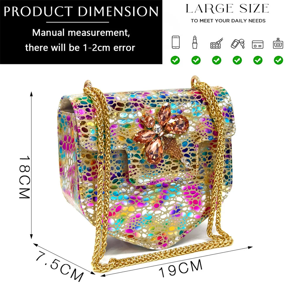 Ensemble élégant de talons à strass et sac assorti Venus Chan, talons carrés à bout pointu imprimés colorés pour les soirées de banquet et les sorties en boîte de nuit
