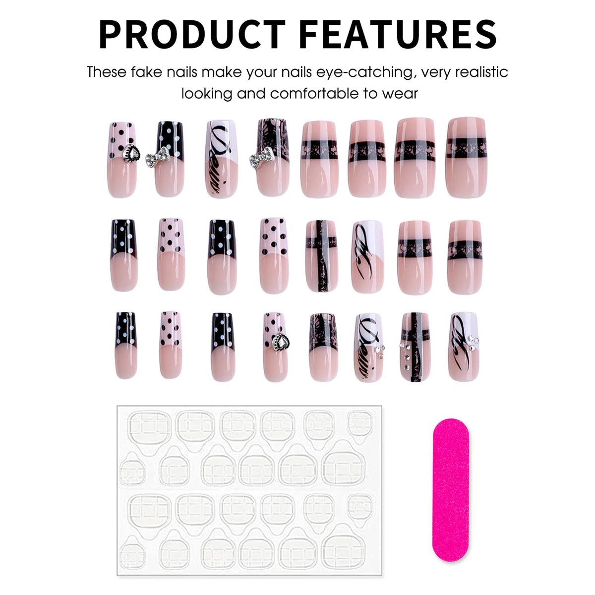 24 faux ongles cercueil mi-longs, style gothique noir, avec nœuds métalliques foncés et décorations en forme de cœur, à presser, motif pois, faux ongles français