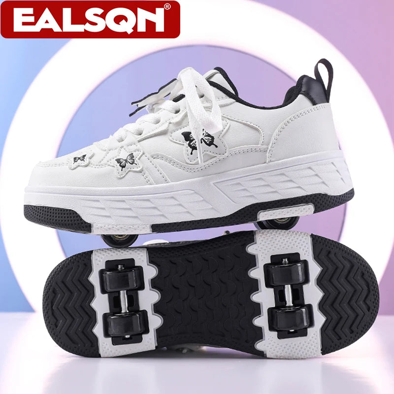 Chaussures de marche à 4 roues avec motifs papillons, baskets de sport d'extérieur pour enfants, rollers pour adolescents et filles, divertissement