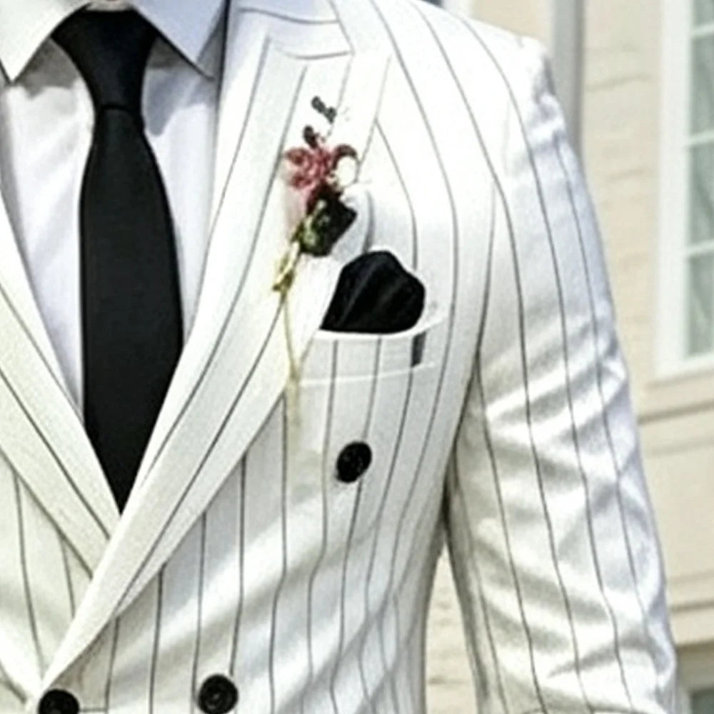 Costume de luxe pour homme, double boutonnage, à fines rayures blanches, 2 pièces (veste et pantalon), pour mariage, marié, affaires, bal de promo, costume sur mesure