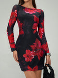 Mini-jupe moulante sexy pour femme, à manches longues, imprimé floral, col rond, en maille, pour soirée, club ou rendez-vous, collection automne