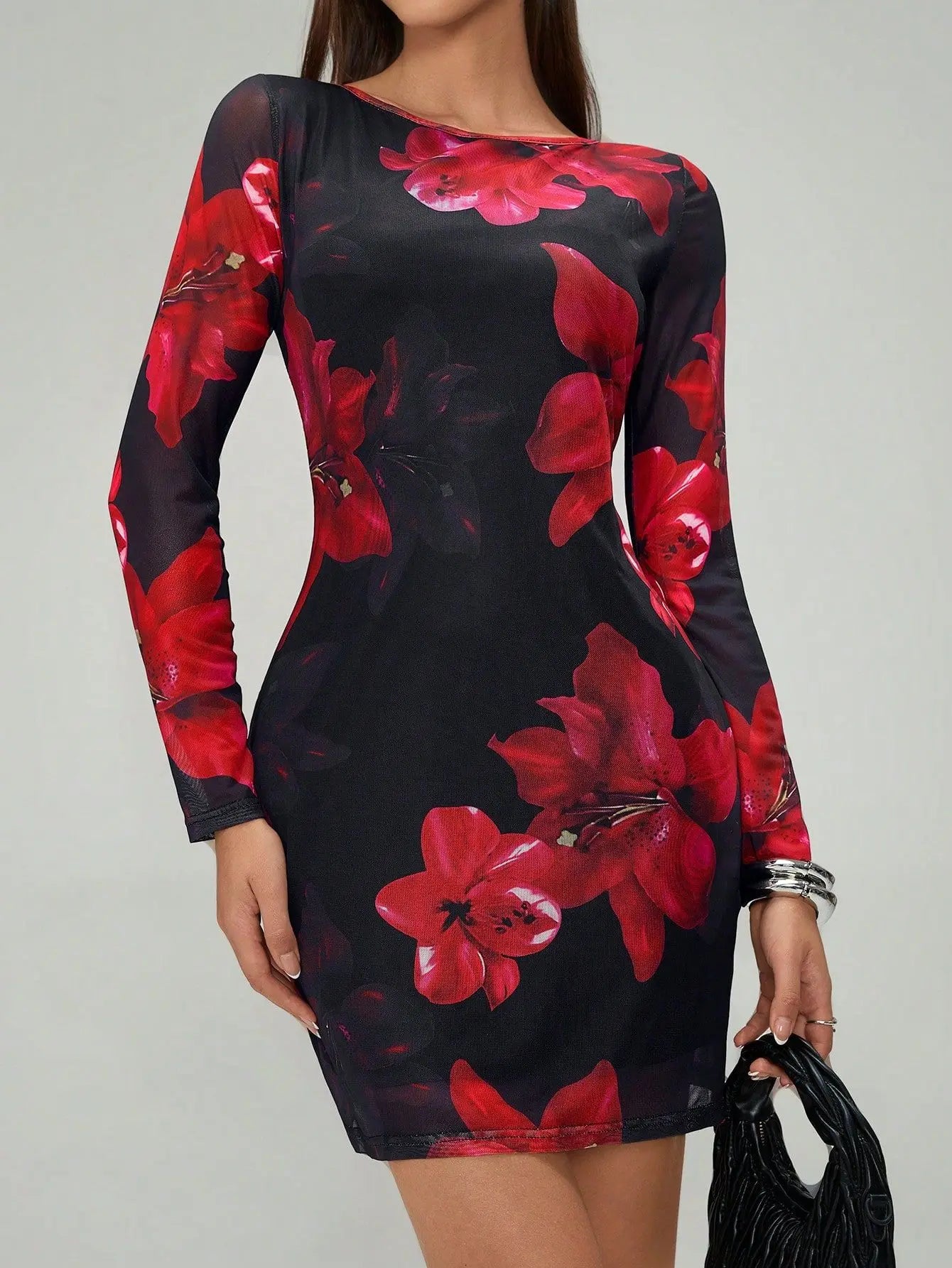 Mini-jupe moulante sexy pour femme, à manches longues, imprimé floral, col rond, en maille, pour soirée, club ou rendez-vous, collection automne