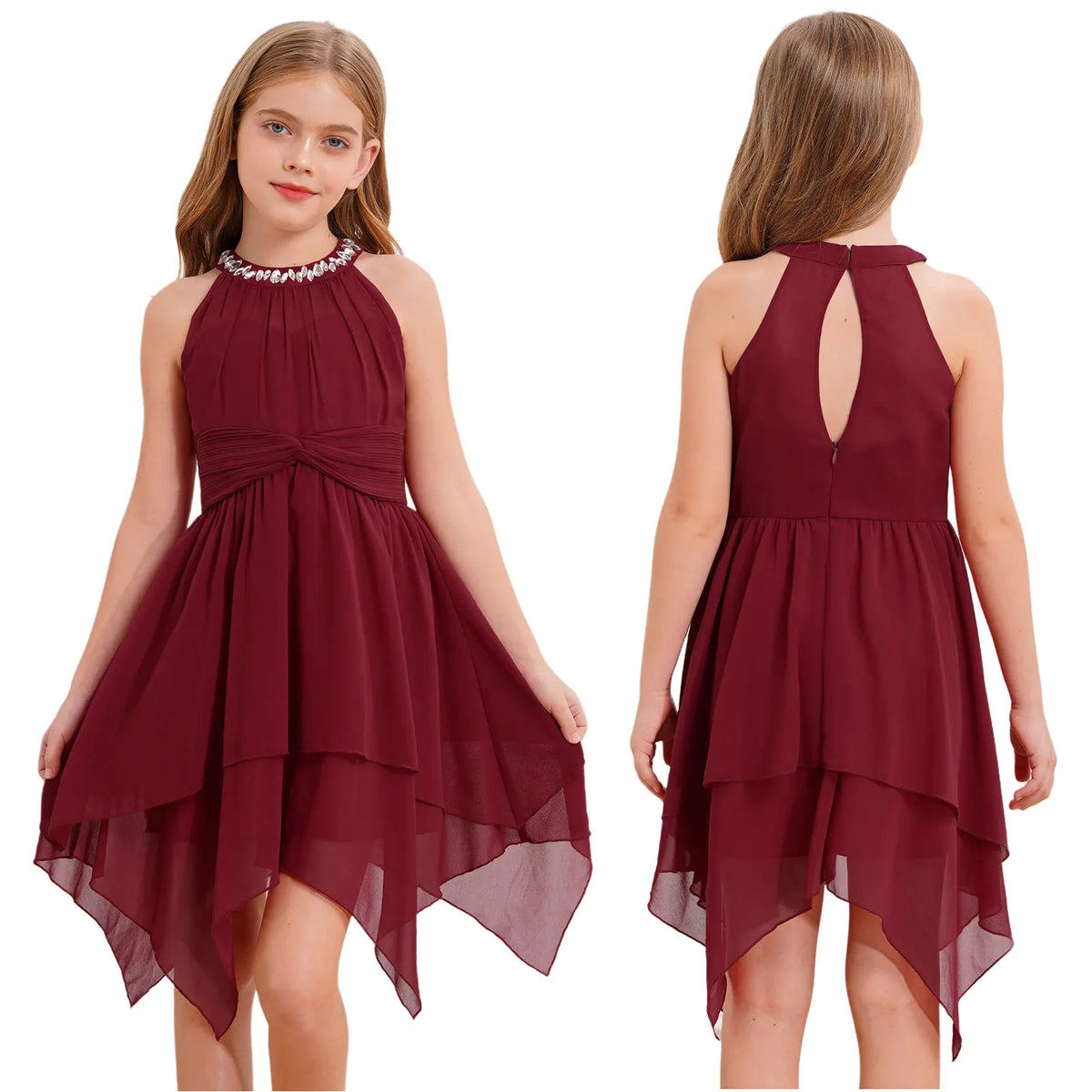 Robes d'été sans manches pour filles, col licou, en mousseline de soie, à volants, robe de soirée de mariage pour demoiselle d'honneur junior, robe irrégulière en Faux diamant