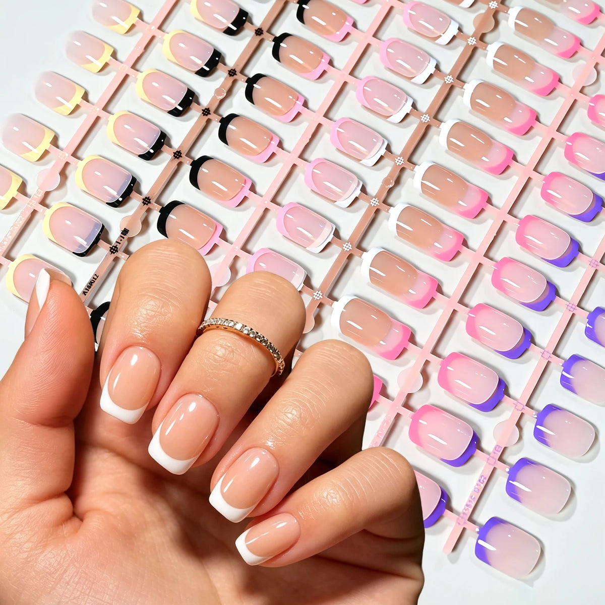 144 faux ongles carrés courts français, noirs, blancs, roses, brillants, à presser, en acrylique, couvrance totale, portables #