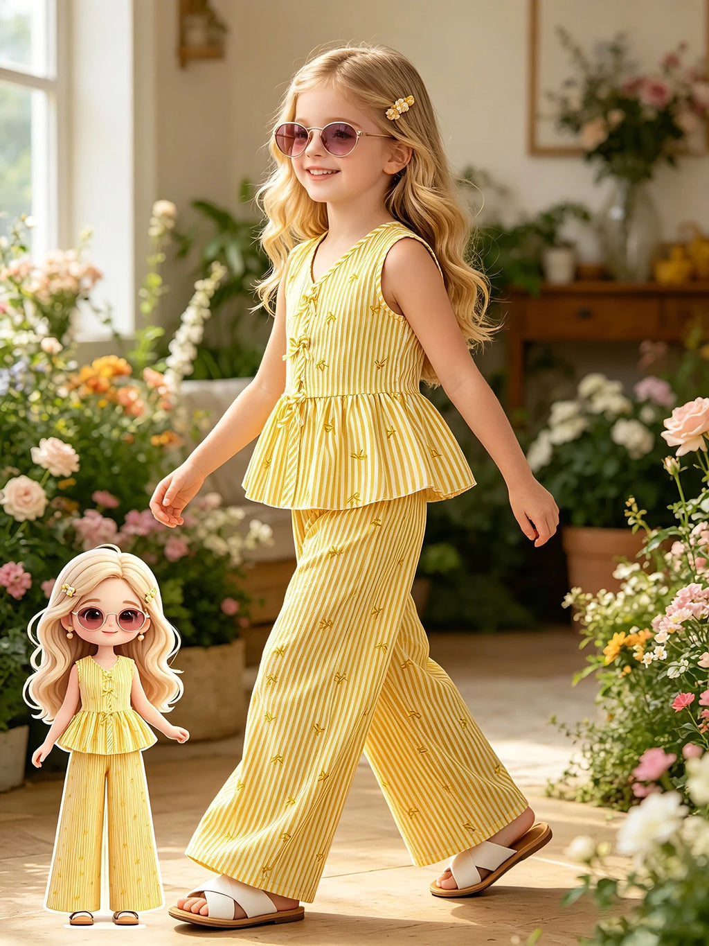 Tenue d'été 2 pièces pour enfants filles, haut à volants sans manches à col en V avec imprimé à rayures verticales jaunes et pantalon à jambes larges taille haute, décontracté
