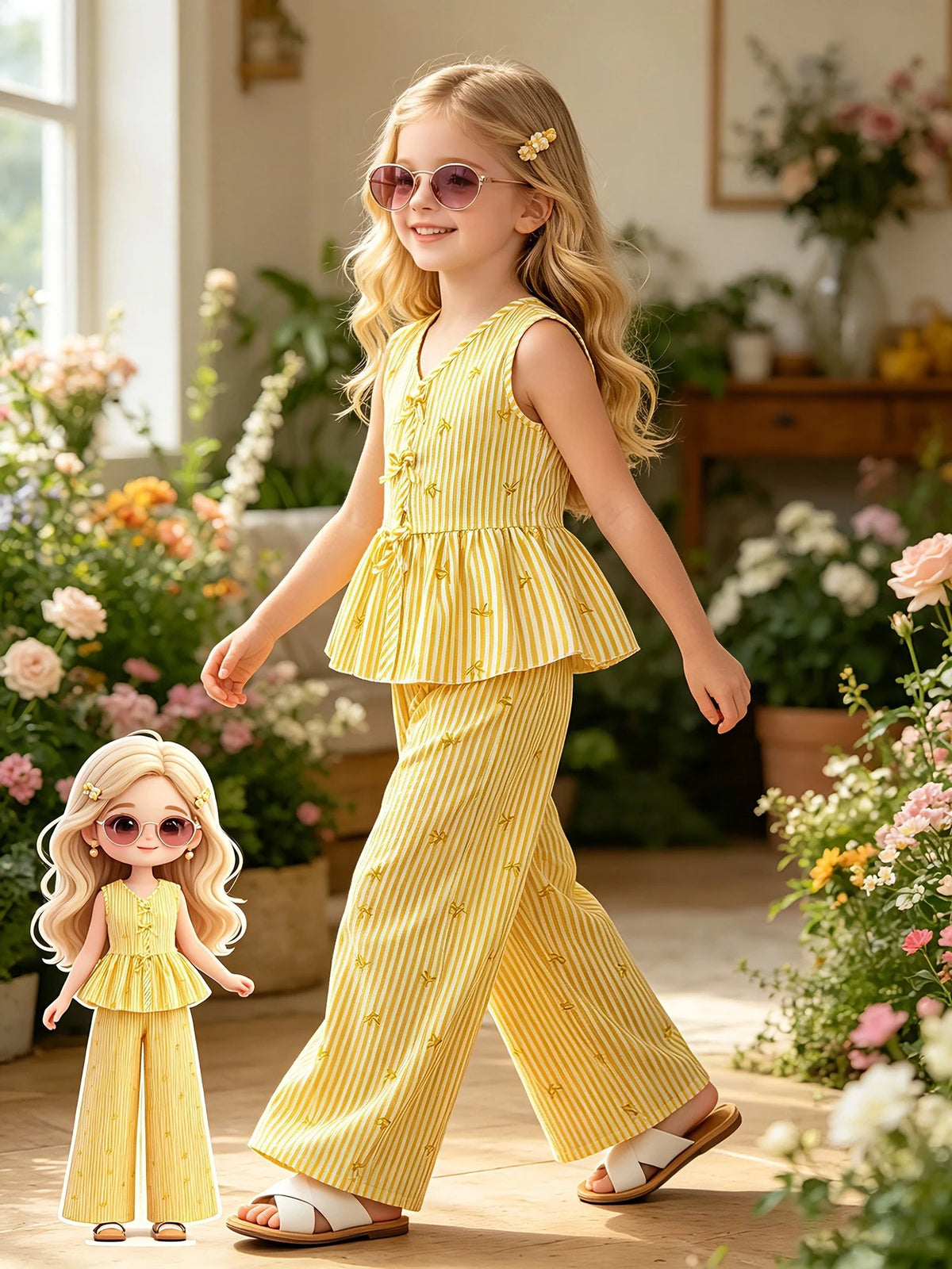 Tenue d'été 2 pièces pour enfants filles, haut à volants sans manches à col en V avec imprimé à rayures verticales jaunes et pantalon à jambes larges taille haute, décontracté