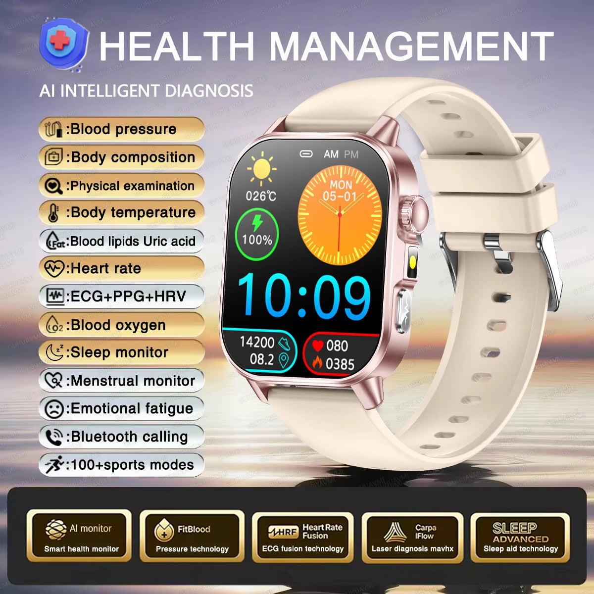 Montre connectée intelligente 2026 pour la santé des femmes, diagnostic précis, ECG+HRV, tension artérielle, oxygène sanguin, acide urique, fréquence cardiaque, appels Bluetooth