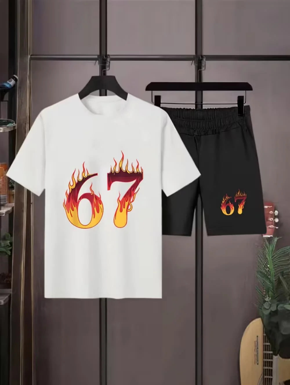 Ensemble 2 pièces pour enfants : T-shirt à manches courtes et short imprimé chiffres 6 et 7, style 'Brainrot' italien amusant, pour garçons