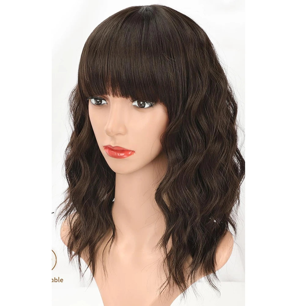 Perruque Synthétique Bouclée et Ondulée avec Frange pour Femme, Cheveux Bruns Naturels