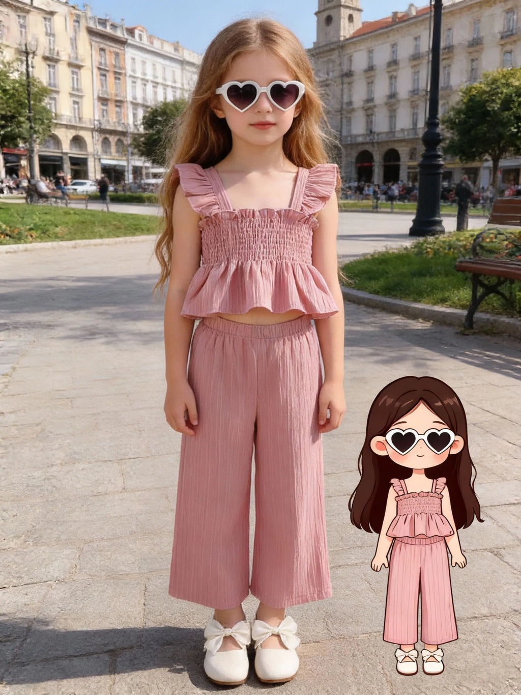 Ensemble de tenue d'été 2 pièces pour filles : haut gilet froncé rose et pantalon assorti |   Mode d'été pour les tout-petits et les petites filles, cool, confortable
