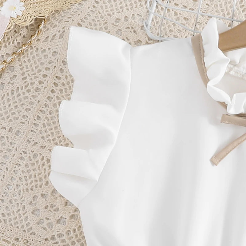 Robe pour filles, manches pétales blanches, jupe kaki plissée et nœud papillon, Style Preppy, vêtements de fête d'anniversaire élégants pour 8 à 12 ans