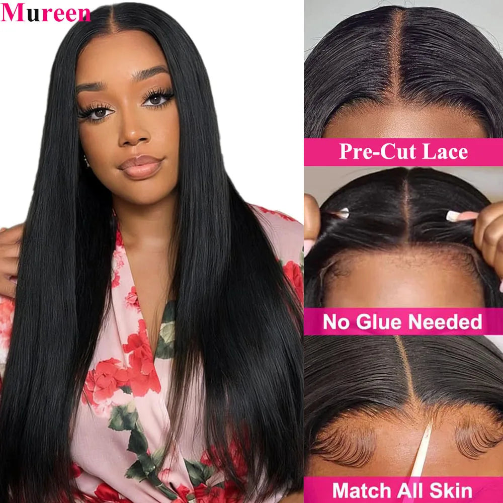 Perruques 100% Cheveux Humains Densité 250 Lisses Prêtes à Porter Sans Colle Pré-Pluckées Perruque à Fermeture en Dentelle 4x4