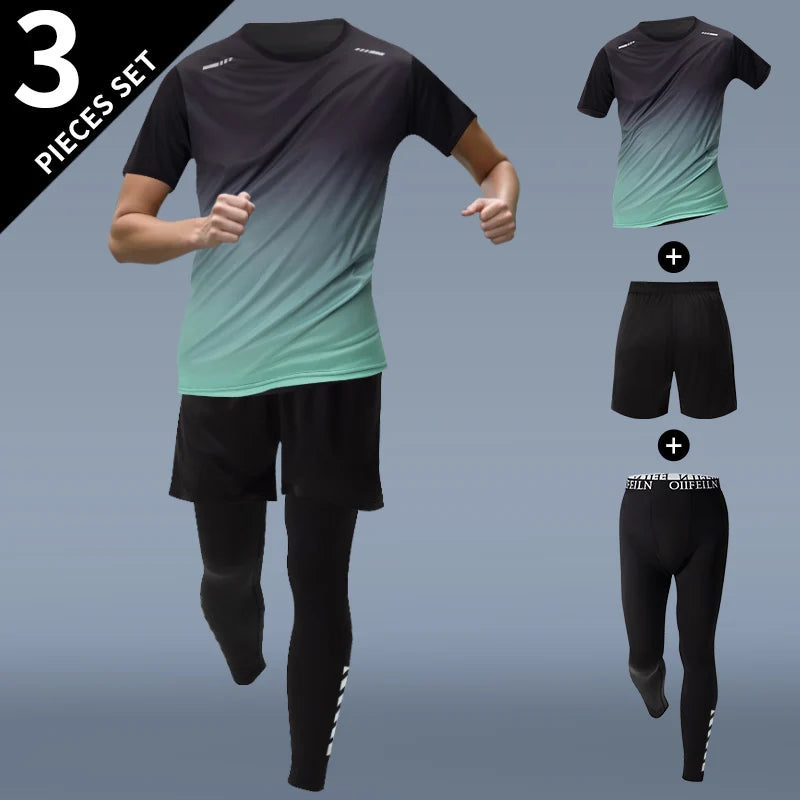 Combinaison de sport dégradée pour hommes, 3 pièces, séchage rapide, loisirs, sport, course à pied, manches courtes, pantalon de Protection solaire confortable, Short Joker