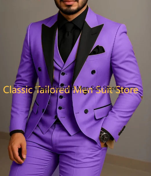 Costume beige à double boutonnage, costume de mariage ajusté à revers noir