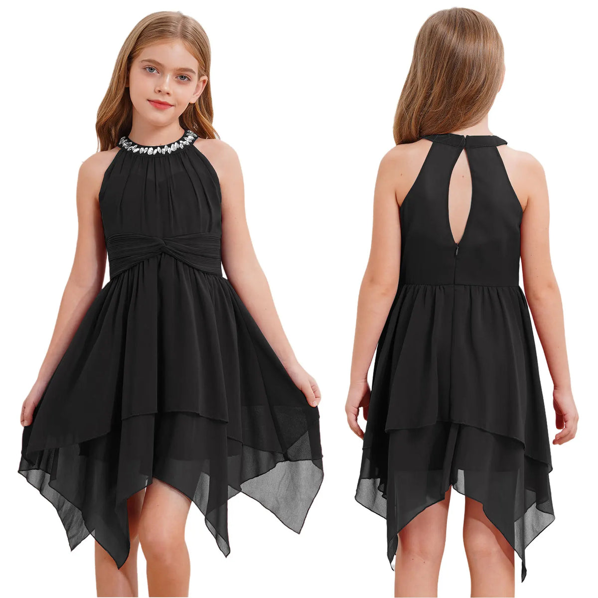 Robes d'été sans manches pour filles, col licou, en mousseline de soie, à volants, robe de soirée de mariage pour demoiselle d'honneur junior, robe irrégulière en Faux diamant