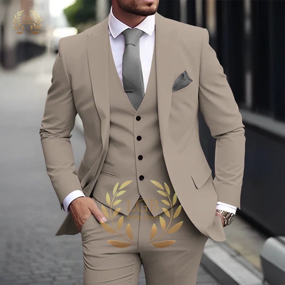 Costume 3 pièces kaki pour hommes, classique, revers, Business, formel, mariage, marié, coupe cintrée, élégant, Style Gentleman, Blazer à la mode