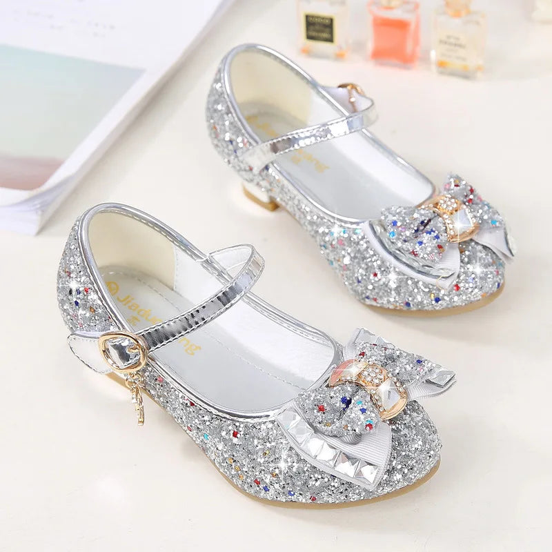 Chaussures princesse en cuir pour filles, chaussures à fleurs décontractées à paillettes, talons hauts, nœud papillon, bleu, rose, argent