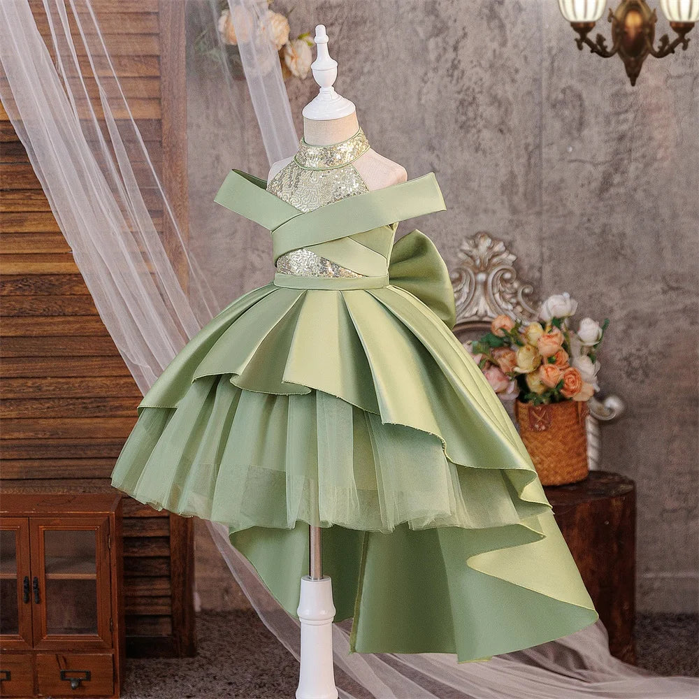 Robe de soirée élégante à sequins pour filles, avec traîne, pour mariage, demoiselles d'honneur, bal de promo, avec nœud, pour anniversaire, concours de beauté, vêtements pour enfants