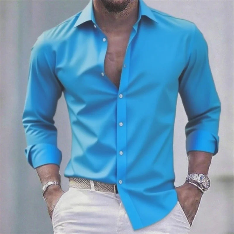Chemise blanche décontractée pour homme, couleur unie, tissu extensible à manches longues, chemise formelle pour affaires, tissu confortable