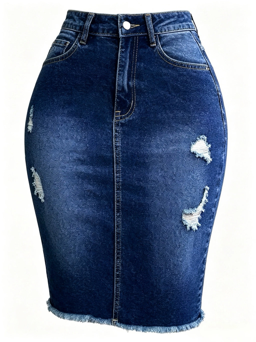 Jupe en jean extensible taille haute pour femme avec ourlet déchiré et effiloché, longueur genou, style une pièce