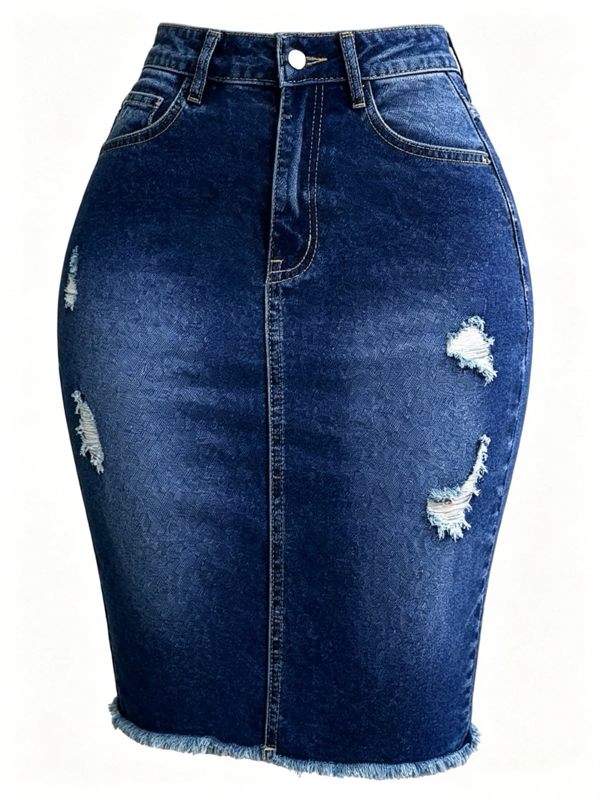 Jupe en jean extensible taille haute pour femme avec ourlet déchiré et effiloché, longueur genou, style une pièce